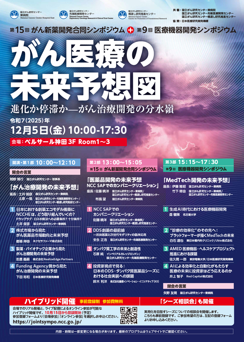 第15回がん新薬開発合同シンポジウム＋第9回医療機器開発シンポジウム がん医療の未来予想図　進化か停滞か──がん治療開発の分水嶺